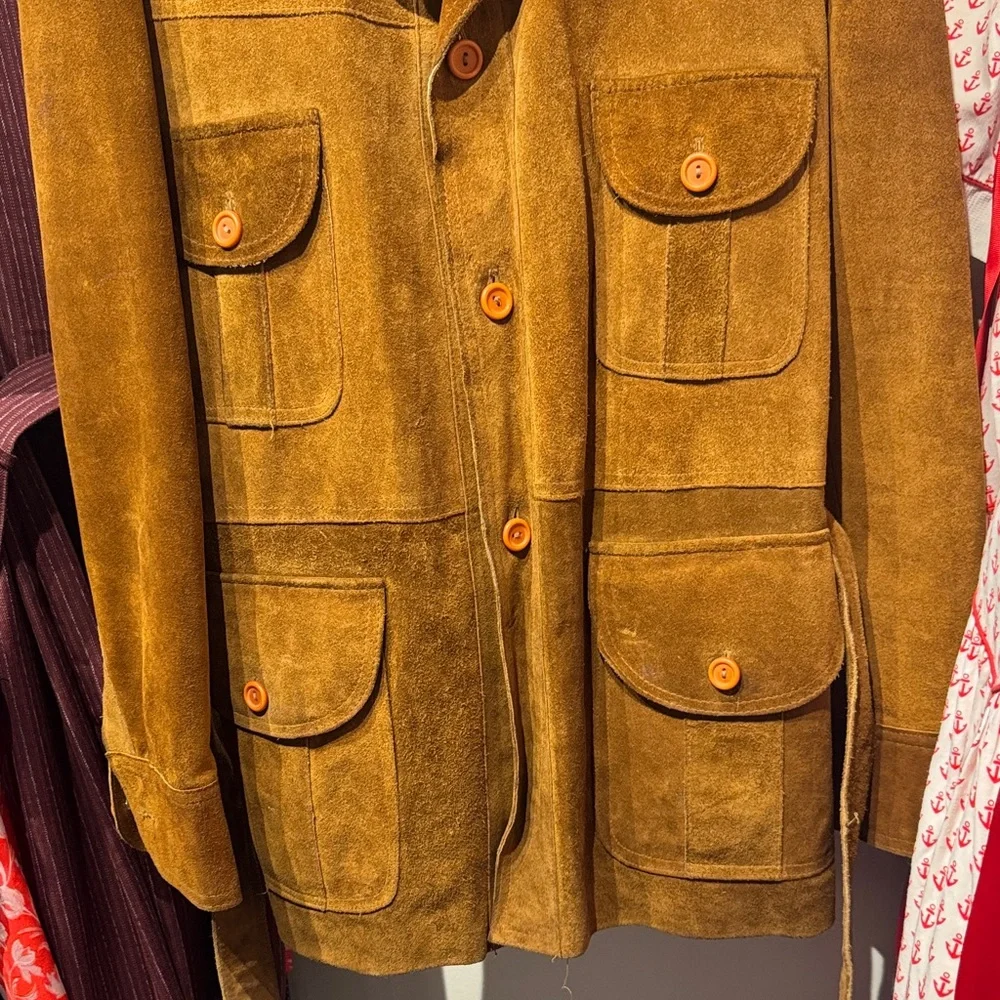 Men's Vintage 60s/70s Brown Suede Leather Belted Jacket - Picture 3 of 13